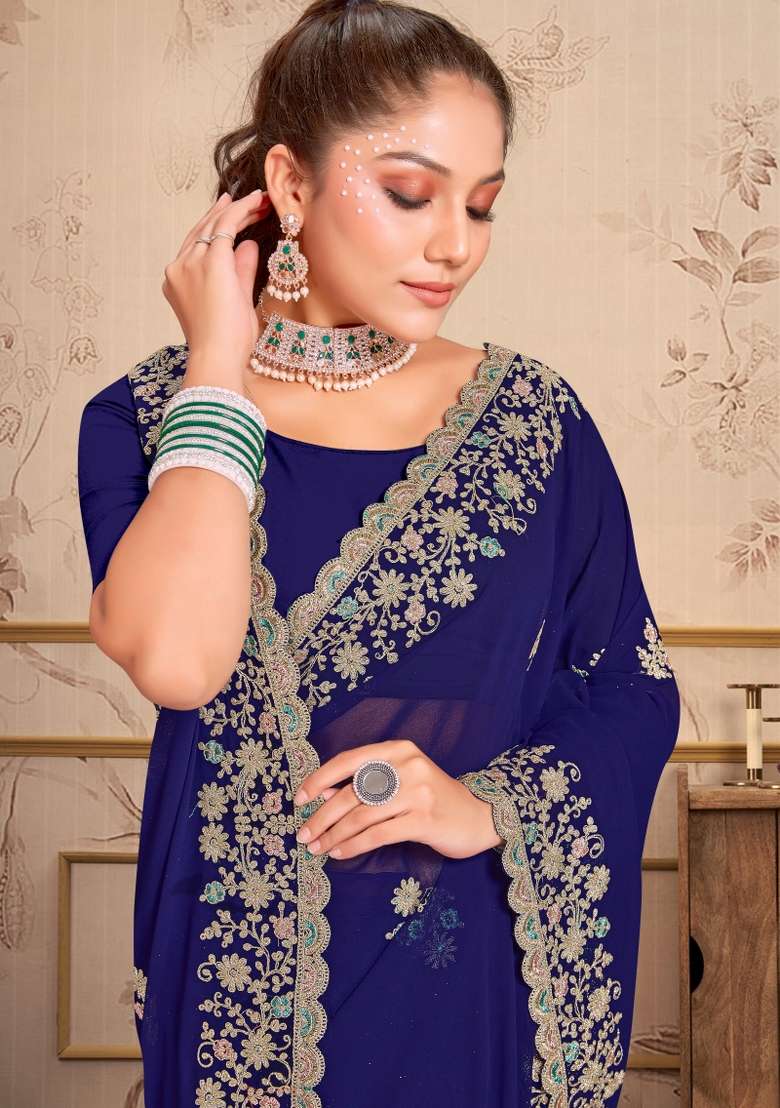 Navy Blue Embroidered Georgette Saree Set for Diwali and Festive Wear - Indya
