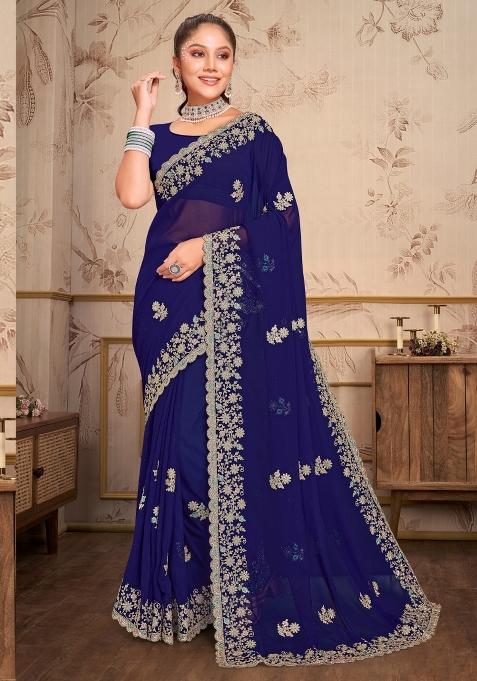 Navy Blue Embroidered Georgette Saree Set