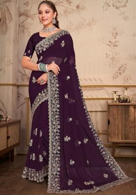 Dark Purple Embroidered Georgette Saree Set