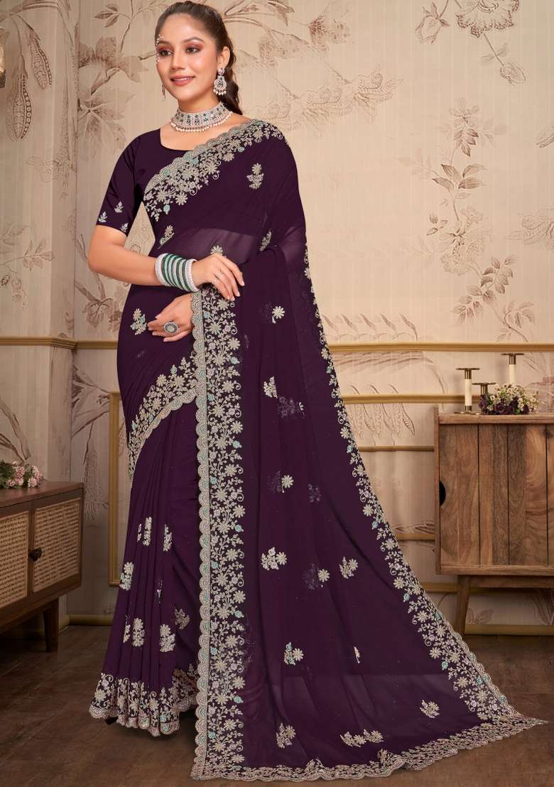 Dark Purple Georgette Saree Set with Embroidered for Diwali | Wedding & Festive Wear - Indya