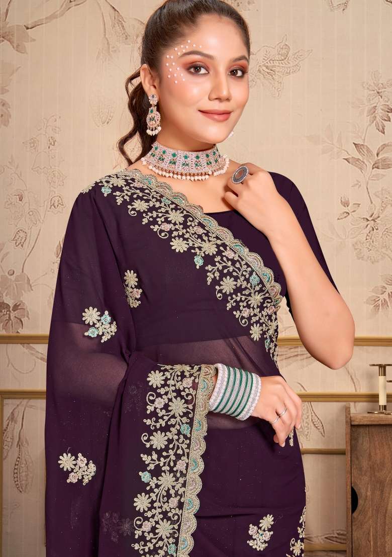 Dark Purple Georgette Saree Set with Embroidered for Diwali | Wedding & Festive Wear - Indya