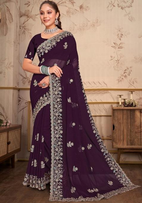 Dark Purple Embroidered Georgette Saree Set