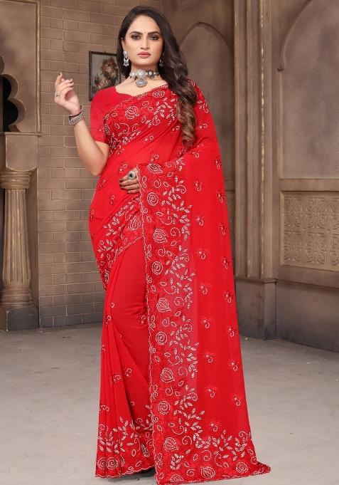 Red Embroidered Georgette Saree Set