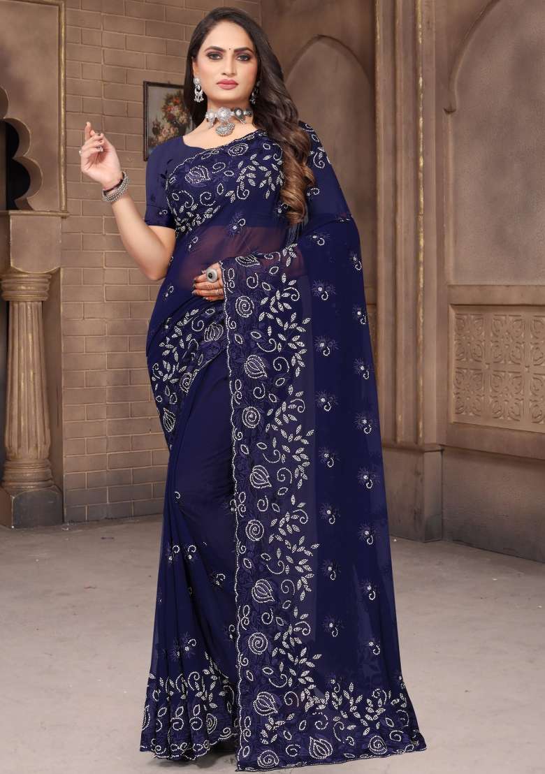 Navy Blue Embroidered Georgette Saree Set - Indya