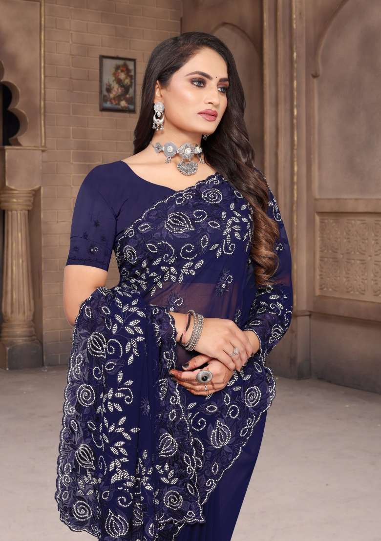Navy Blue Embroidered Georgette Saree Set - Indya
