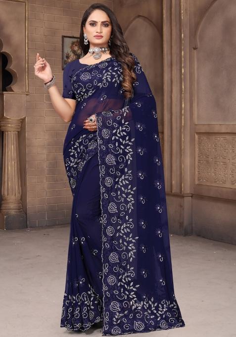 Navy Blue Embroidered Georgette Saree Set