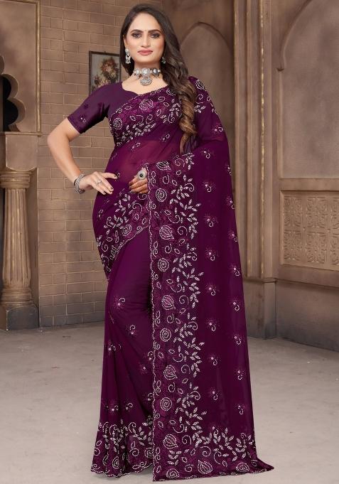 Wine Embroidered Georgette Saree Set