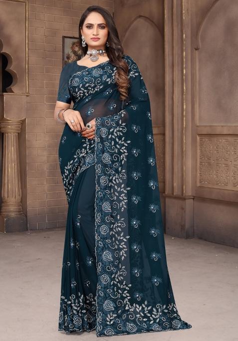 Blue Embroidered Georgette Saree Set