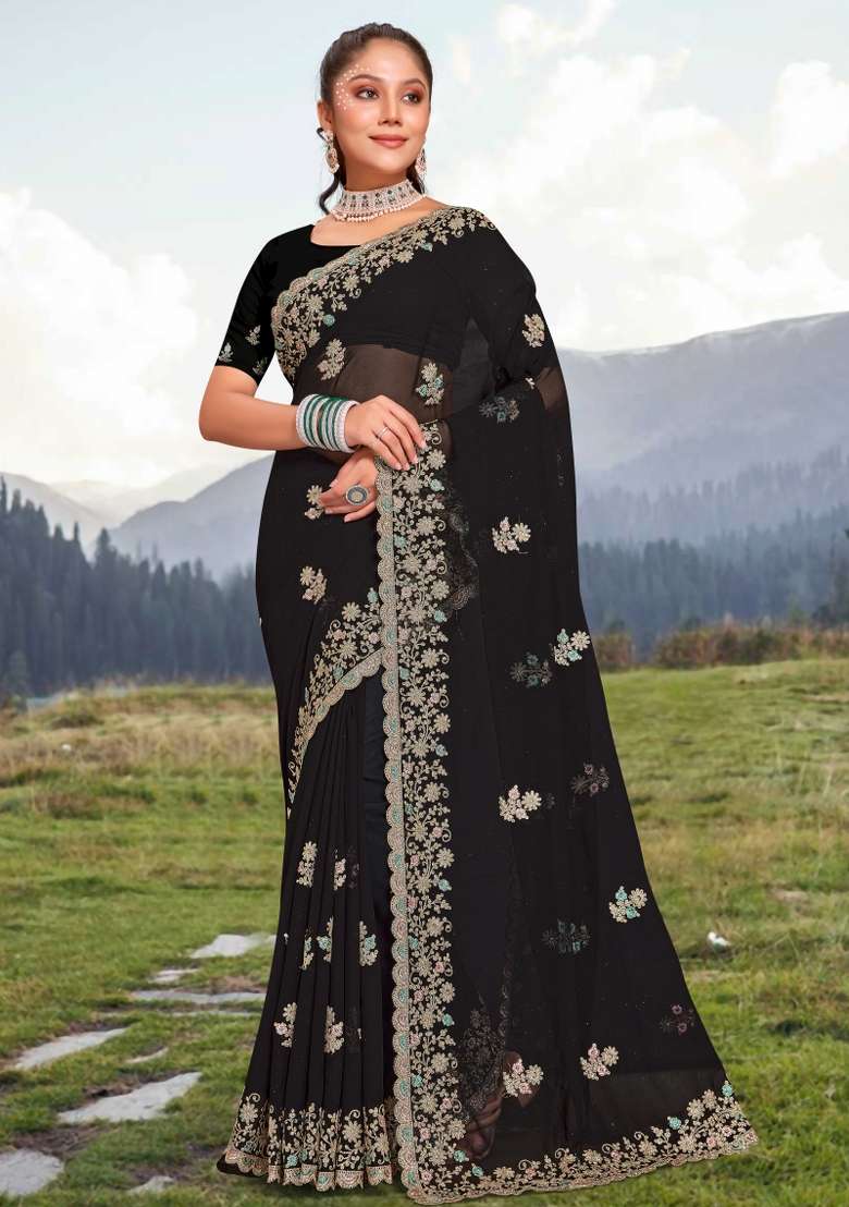 Black Georgette Saree Set with Embroidered for Diwali | Wedding & Festive Wear - Indya