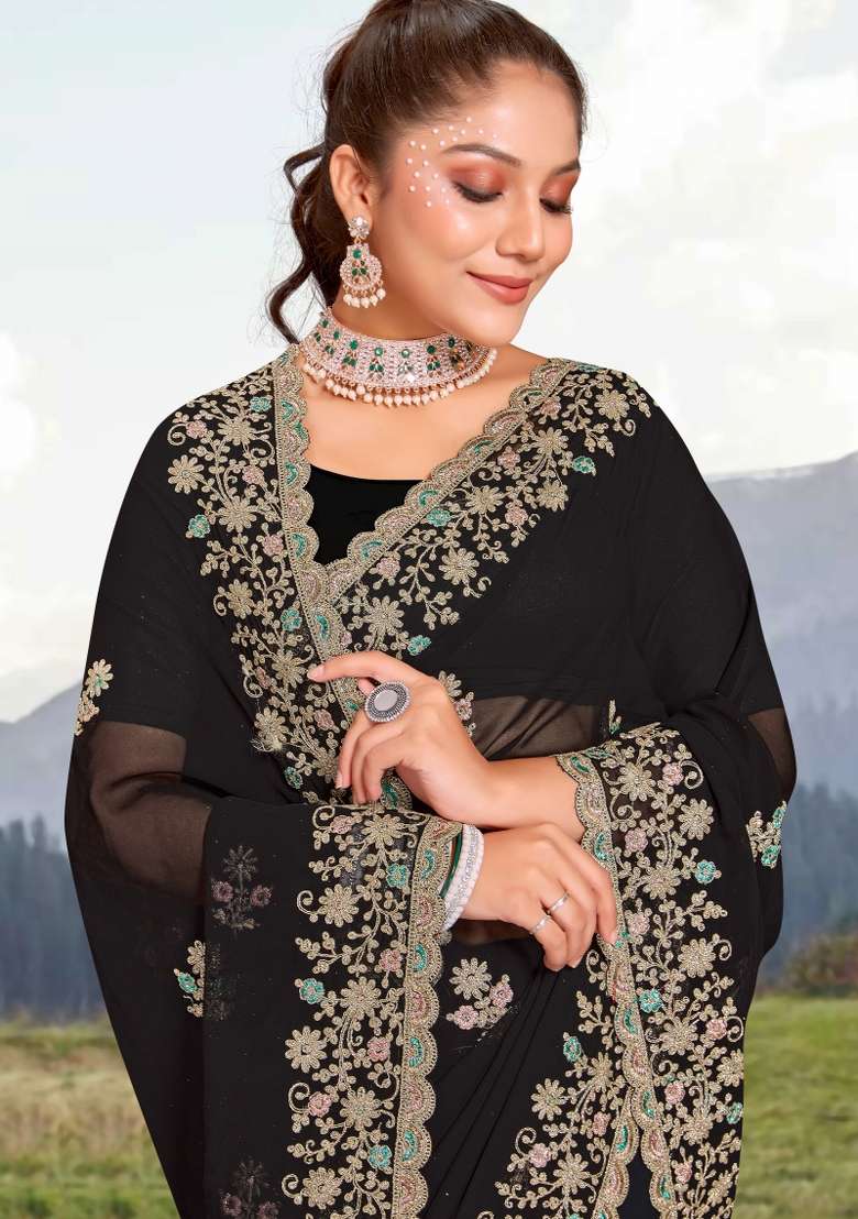 Black Georgette Saree Set with Embroidered for Diwali | Wedding & Festive Wear - Indya