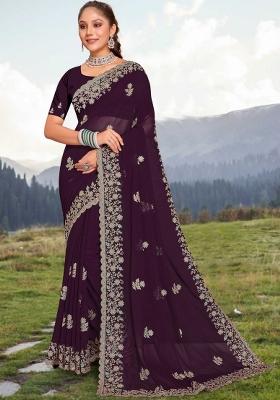 Dark Purple Embroidered Georgette Saree Set