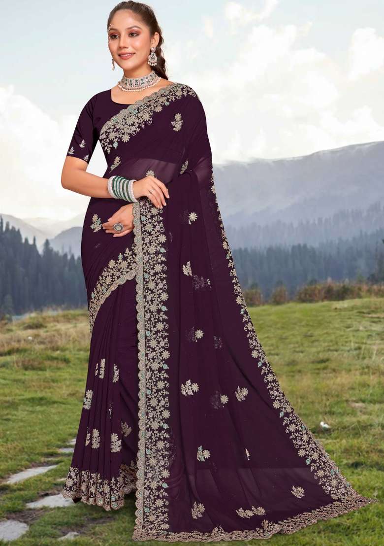 Dark Purple Embroidered Georgette Saree Set for Diwali and Festive Wear - Indya