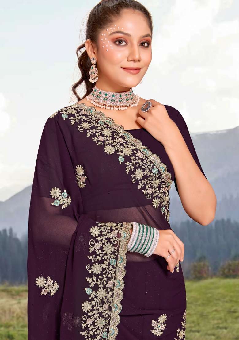 Dark Purple Embroidered Georgette Saree Set for Diwali and Festive Wear - Indya