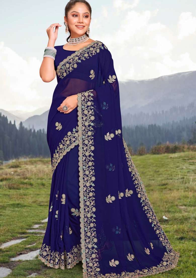 Navy Blue Georgette Saree Set with Embroidered for Diwali | Wedding & Festive Wear - Indya