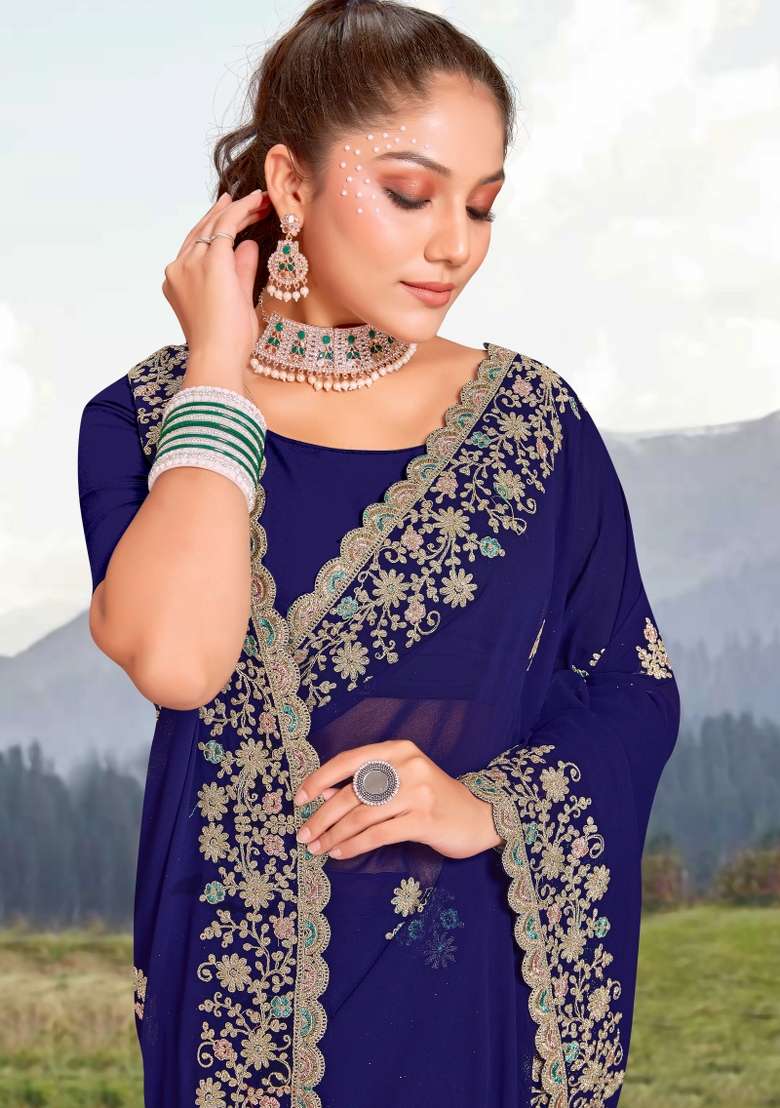 Navy Blue Georgette Saree Set with Embroidered for Diwali | Wedding & Festive Wear - Indya