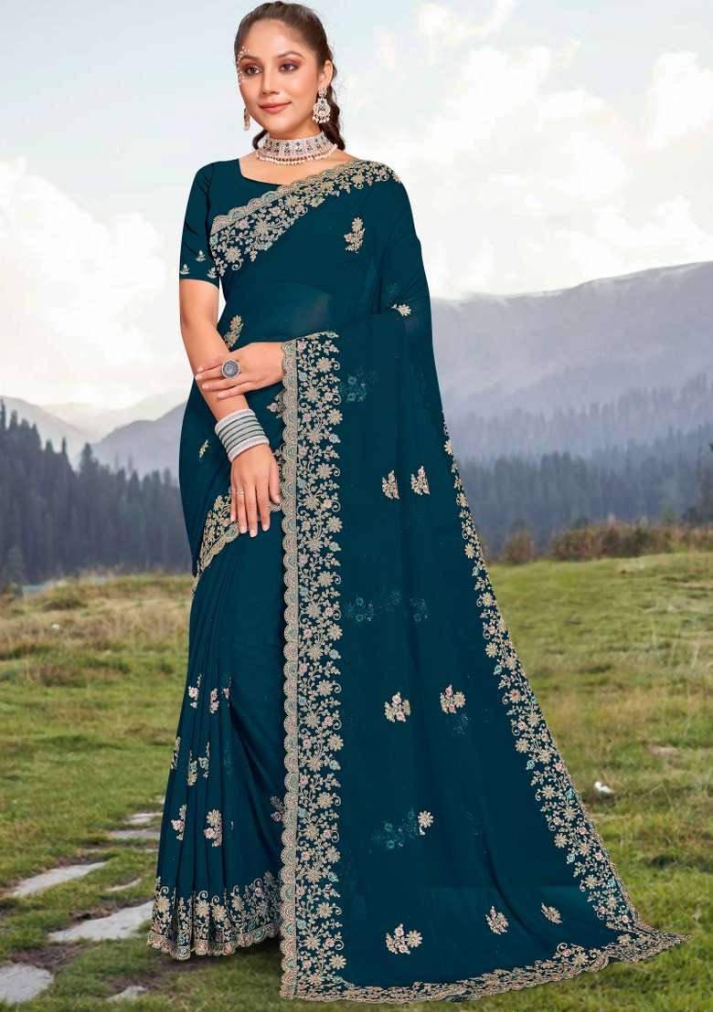 Blue Georgette Saree Set with Embroidered for Diwali | Wedding & Festive Wear - Indya