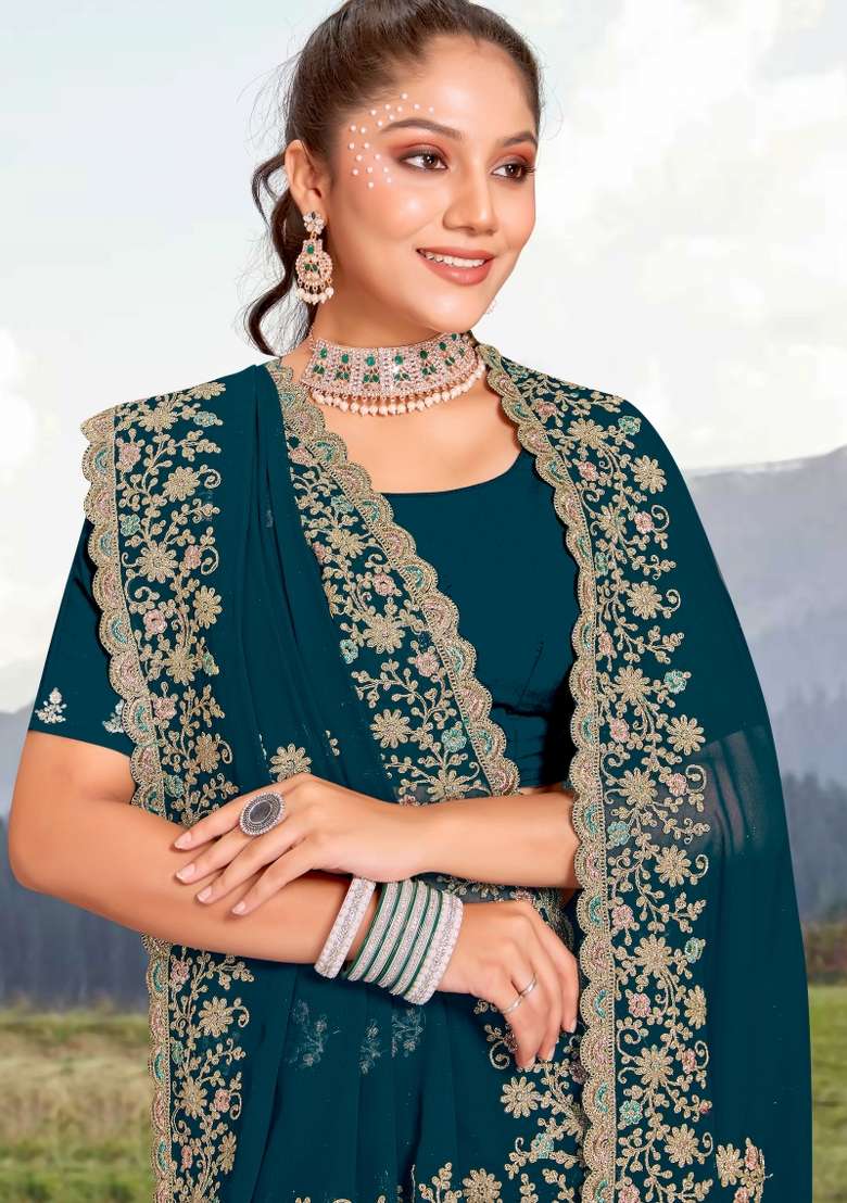 Blue Georgette Saree Set with Embroidered for Diwali | Wedding & Festive Wear - Indya