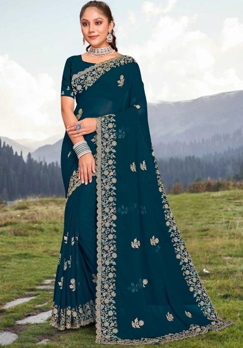 Blue Embroidered Georgette Saree Set