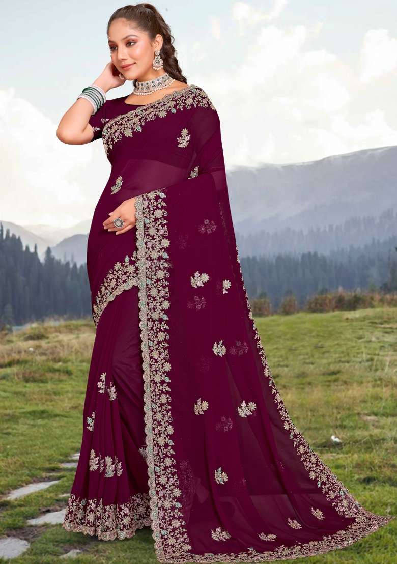 Wine Embroidered Georgette Saree Set - Indya