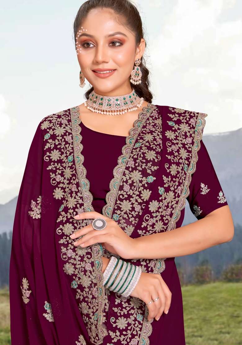 Wine Embroidered Georgette Saree Set - Indya