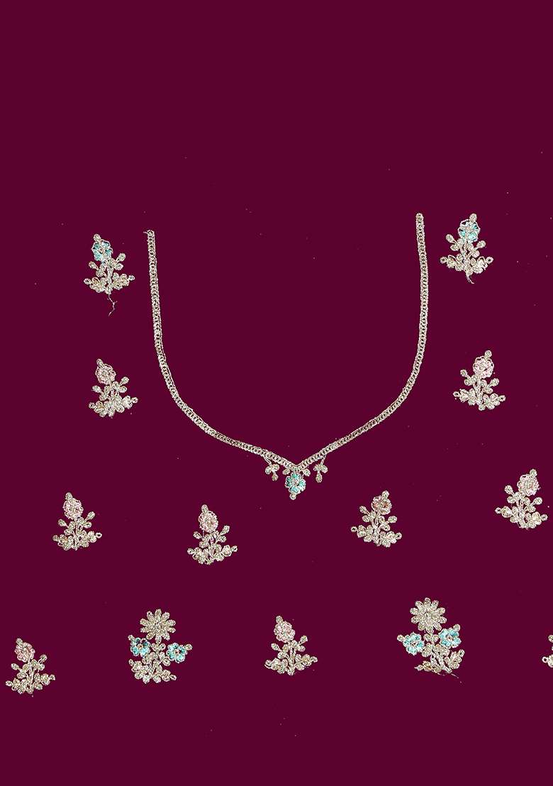 Wine Embroidered Georgette Saree Set - Indya