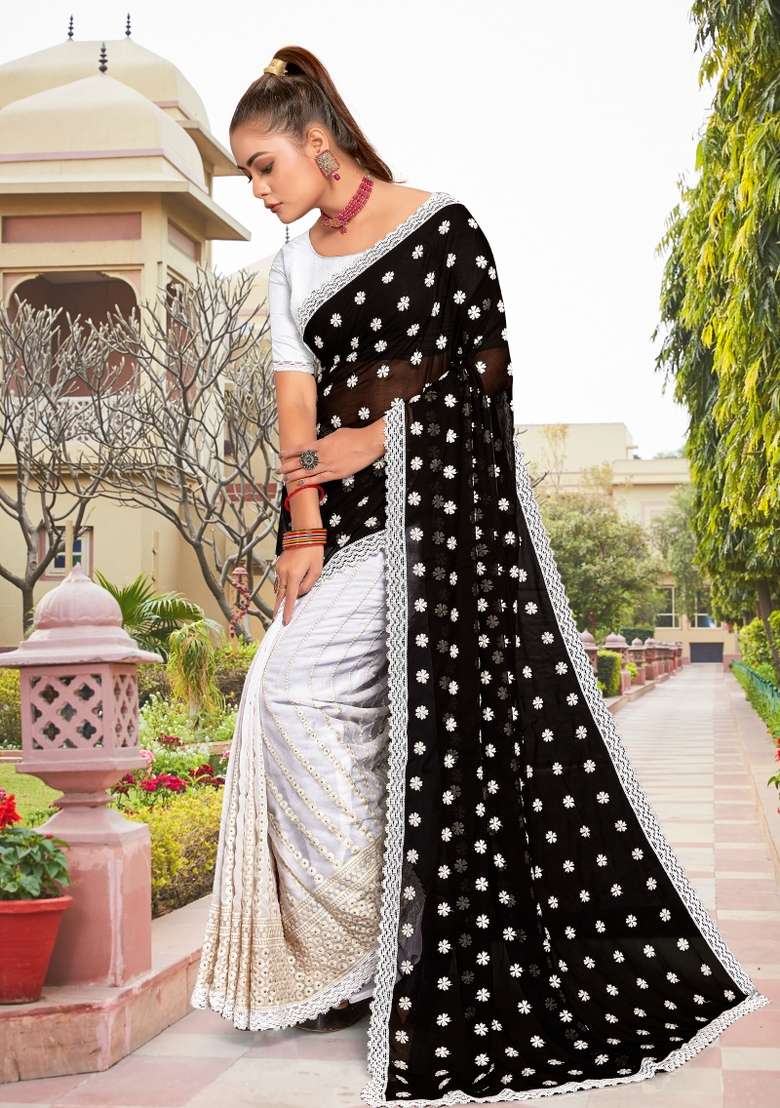 Black Georgette Saree Set with Embroidered for Diwali | Wedding & Festive Wear - Indya