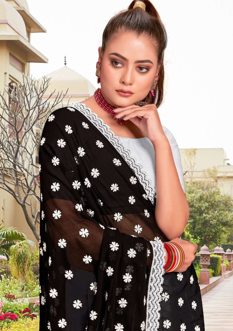 Black Georgette Saree Set with Embroidered for Diwali | Wedding & Festive Wear - Indya