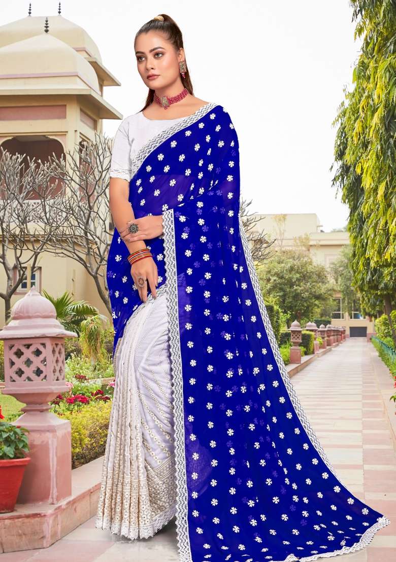 Royal Blue Embroidered Georgette Saree Set - Indya
