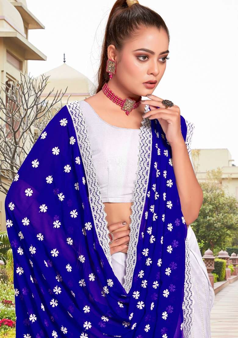 Royal Blue Embroidered Georgette Saree Set - Indya