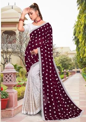 Wine Embroidered Georgette Saree Set