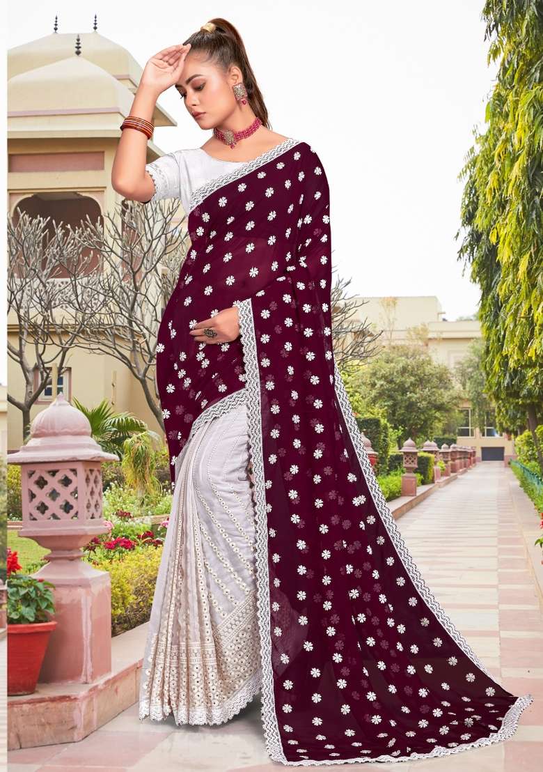 Wine Embroidered Georgette Saree Set for Diwali and Festive Wear - Indya
