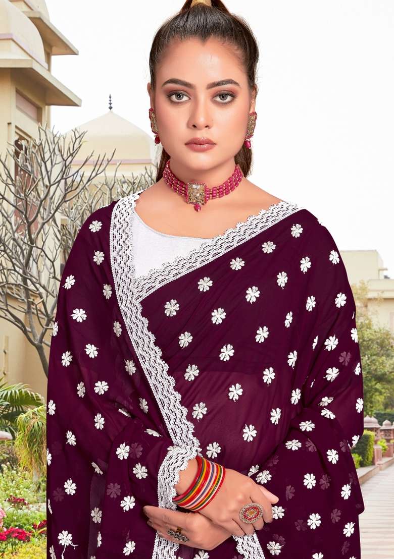Wine Embroidered Georgette Saree Set for Diwali and Festive Wear - Indya