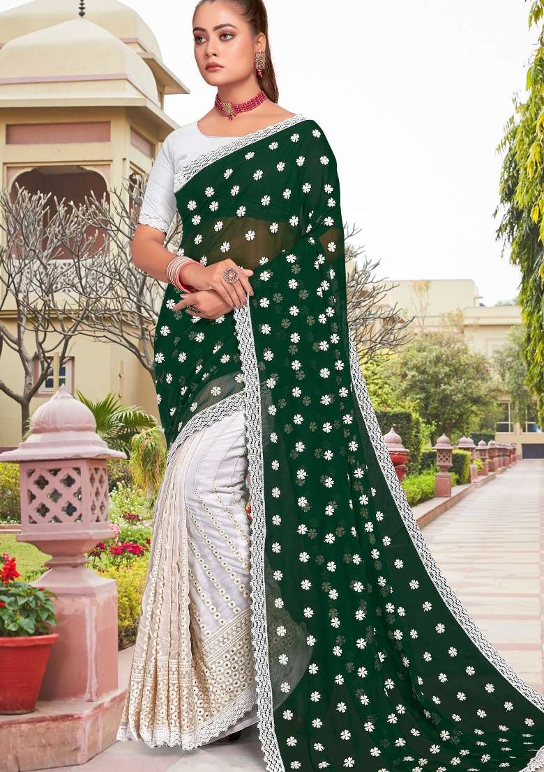 Bottle Green Georgette Saree Set with Embroidered for Diwali | Wedding & Festive Wear - Indya