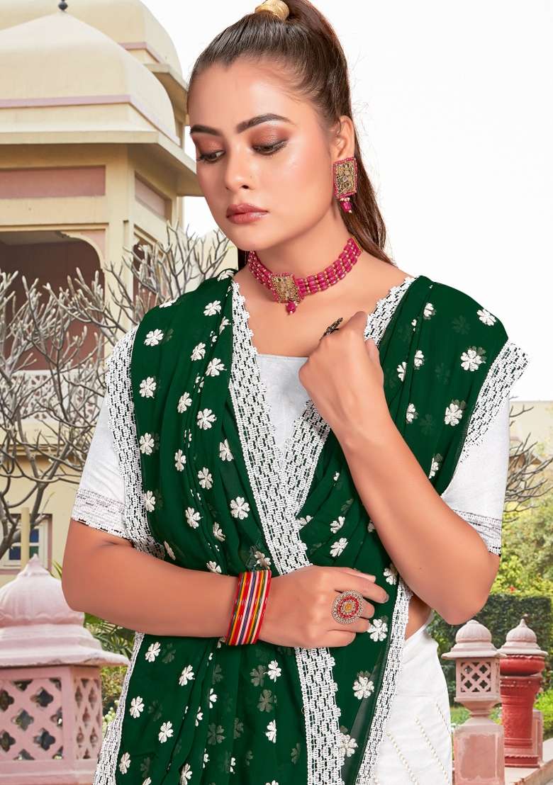 Bottle Green Georgette Saree Set with Embroidered for Diwali | Wedding & Festive Wear - Indya