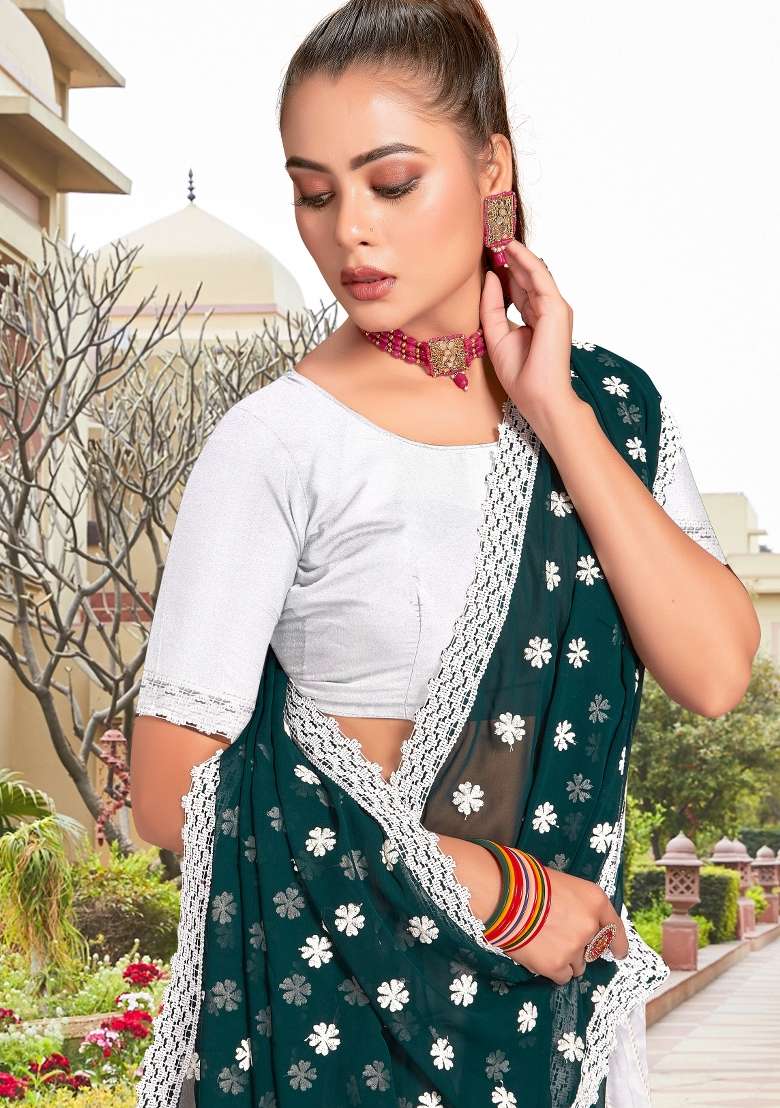 Blue Georgette Saree Set with Embroidered for Diwali | Wedding & Festive Wear - Indya
