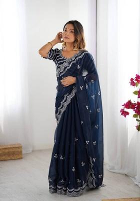 Navy Blue Motif Tissue Saree Set