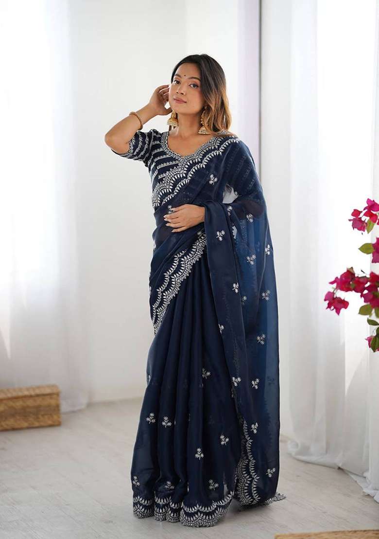 Navy Blue Motif Tissue Saree Set - Indya