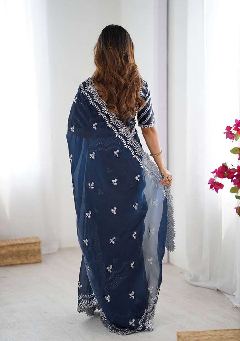 Navy Blue Motif Tissue Saree Set - Indya