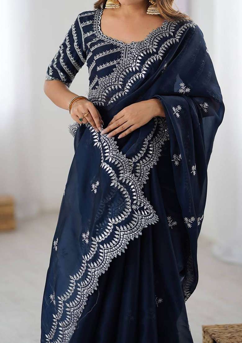 Navy Blue Motif Tissue Saree Set - Indya