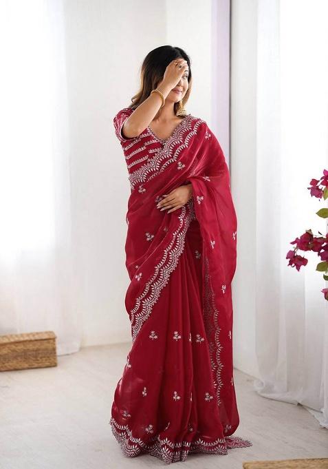 Dark Pink Motif Tissue Saree Set