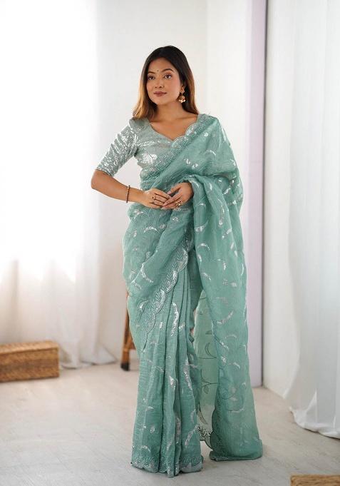 Sky Blue Motif Tissue Saree Set