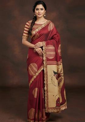 Maroon Motif Cotton Saree Set