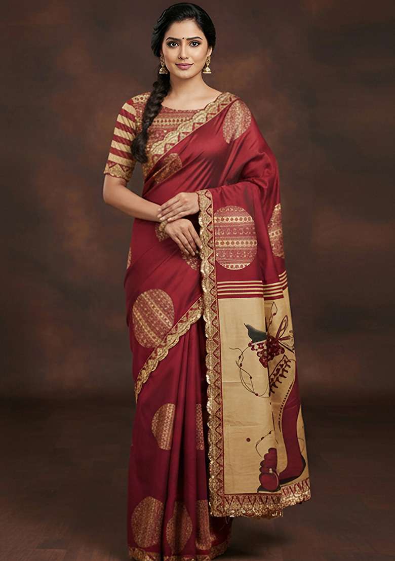 Maroon Motif Cotton Saree Set for Diwali | Wedding & Festive Wear - Indya