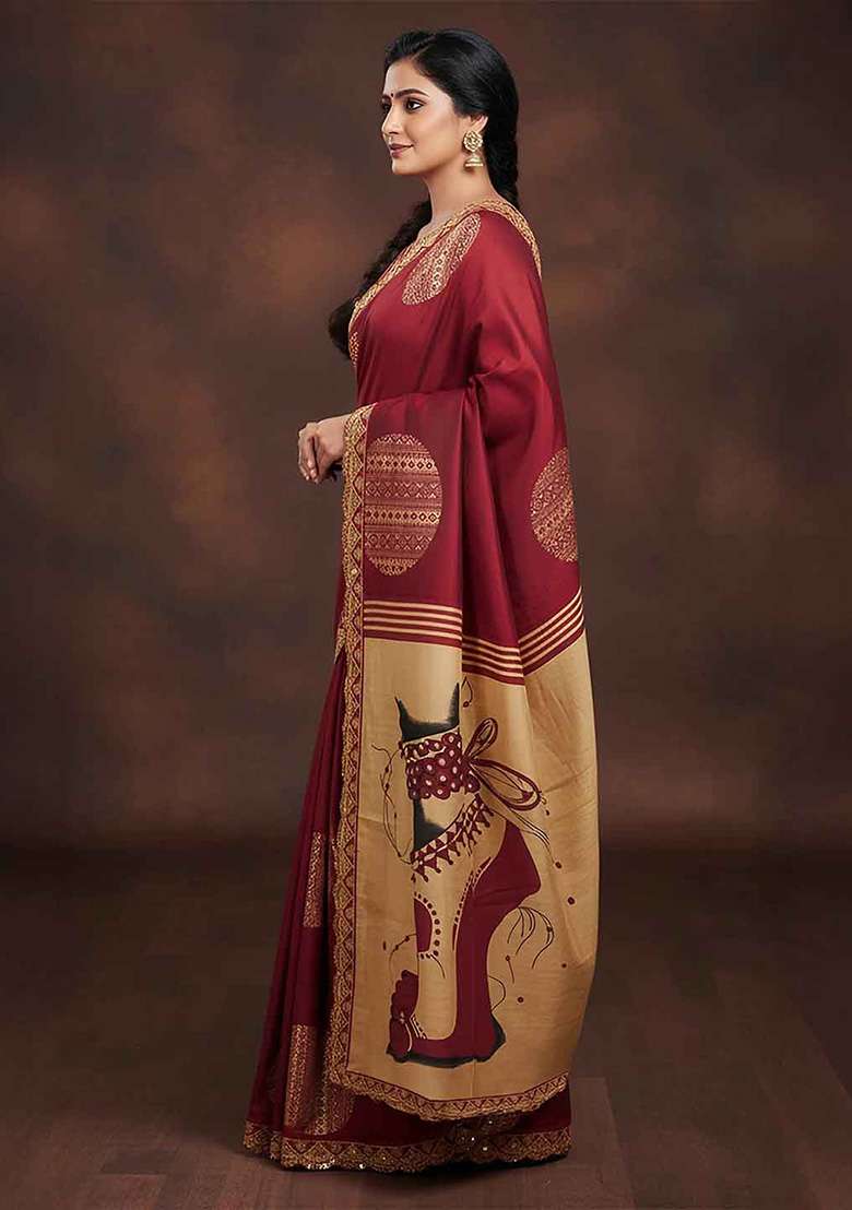 Maroon Motif Cotton Saree Set for Diwali | Wedding & Festive Wear - Indya