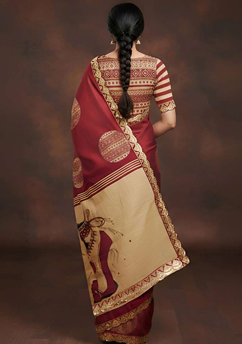 Maroon Motif Cotton Saree Set for Diwali | Wedding & Festive Wear - Indya