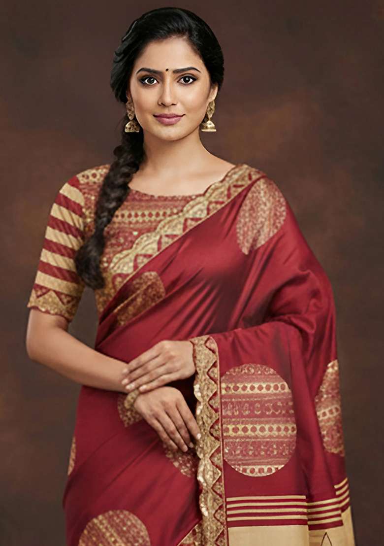 Maroon Motif Cotton Saree Set for Diwali | Wedding & Festive Wear - Indya