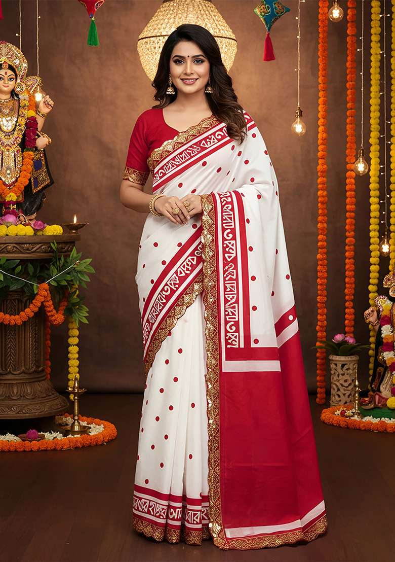 Maroon Motif Cotton Saree Set for Diwali | Wedding & Festive Wear - Indya
