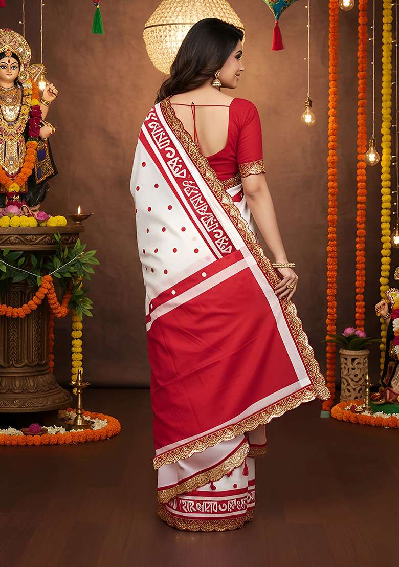 Maroon Motif Cotton Saree Set for Diwali | Wedding & Festive Wear - Indya