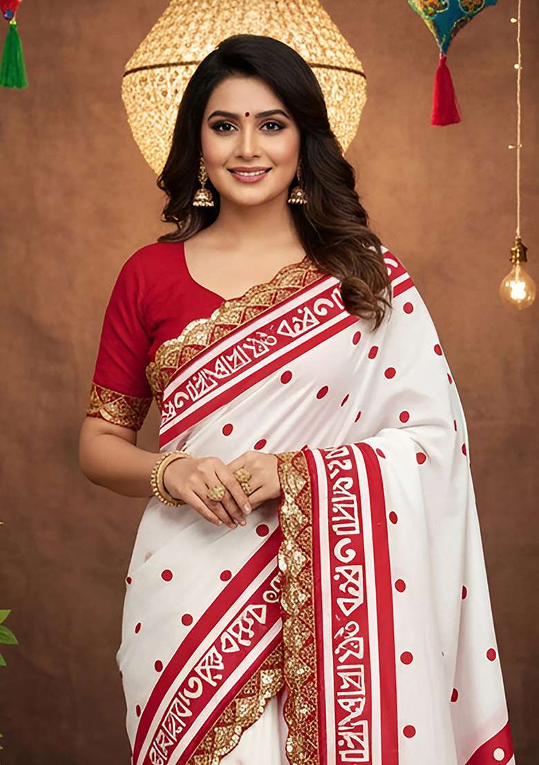 Maroon Motif Cotton Saree Set for Diwali | Wedding & Festive Wear - Indya