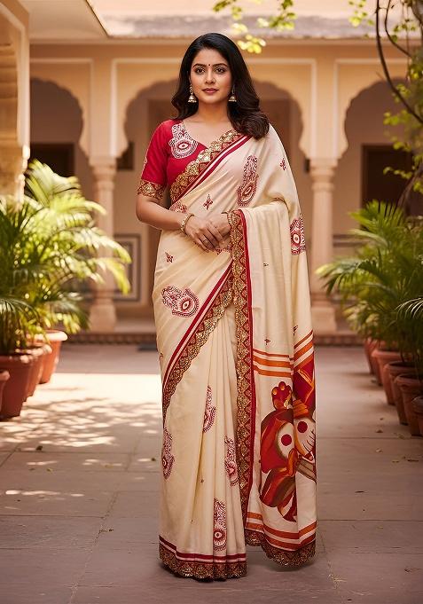 Red Motif Cotton Saree Set